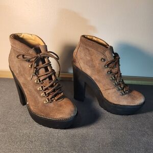 NEW Polo Ralph Lauren Helene Hiking Heeled Oiled Suede Boots Brown Size 7.5 FLAW